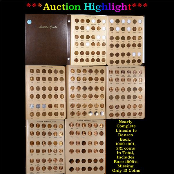 ***Auction Highlight*** Nearly Complete Lincoln 1c Dansco Book, 1909-1991,  221 coins in Total, Incl