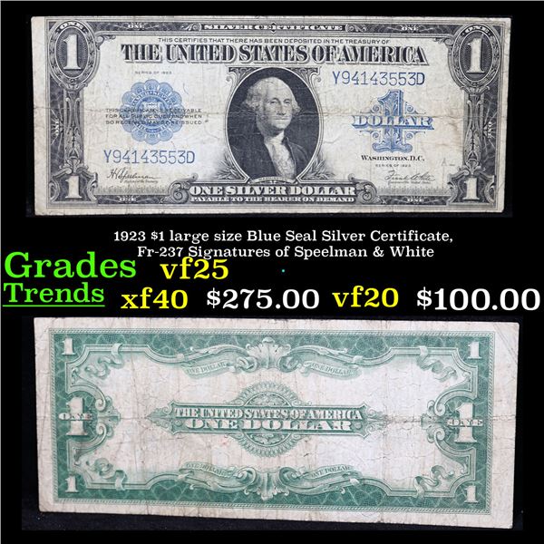 1923 $1 large size Blue Seal Silver Certificate, Fr-237 Signatures of Speelman & White Grades vf+
