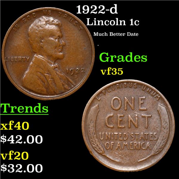 1922-d Lincoln Cent 1c Grades vf++