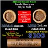 Mixed small cents 1c orig shotgun roll, 1916-d Wheat Cent, 1889 Indian Cent other end, Brinks Wrappe