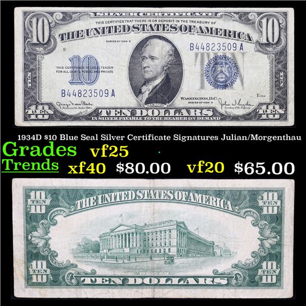 1934D $10 Blue Seal Silver Certificate Signatures Julian/Morgenthau Grades vf+