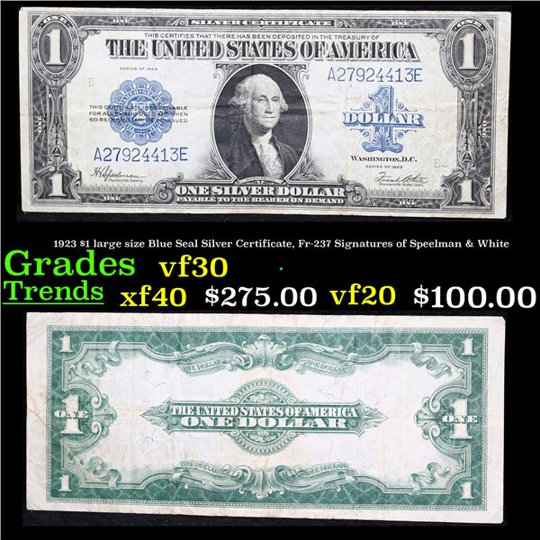 1923 $1 large size Blue Seal Silver Certificate, Fr-237 Signatures of Speelman & White Grades vf++