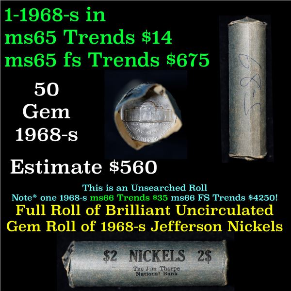 Shotgun Jefferson 5c roll, 1968-s 50 pcs Vintage Nickel Wrapper.