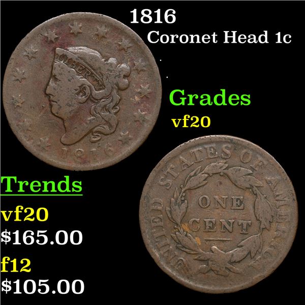 1816 Coronet Head Large Cent 1c Grades vf, very fine