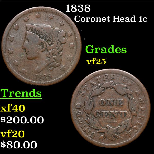 1838 Coronet Head Large Cent 1c Grades vf+