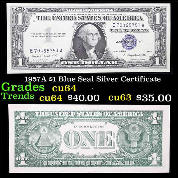 1957A $1 Blue Seal Silver Certificate Grades Choice CU