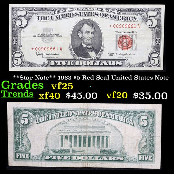 **Star Note** 1963 $5 Red Seal United States Note Grades vf+