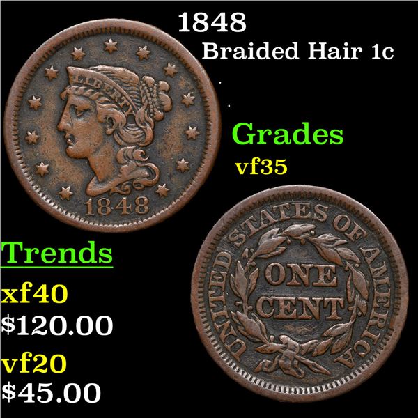 1848 Braided Hair Large Cent 1c Grades vf++