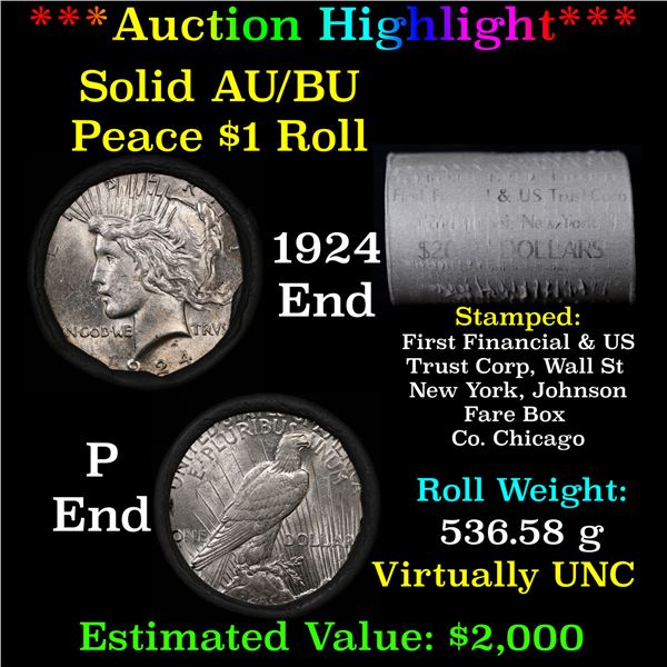 ***Auction Highlight*** AU/BU Slider First Financial Shotgun Peace $1 Roll 1924 & P Ends Virtually U