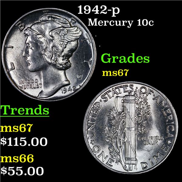 1942-p Mercury Dime 10c Grades GEM++ Unc