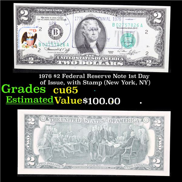 1976 $2 Federal Reserve Note 1st Day of Issue, with Stamp (New York, NY) Grades Gem CU
