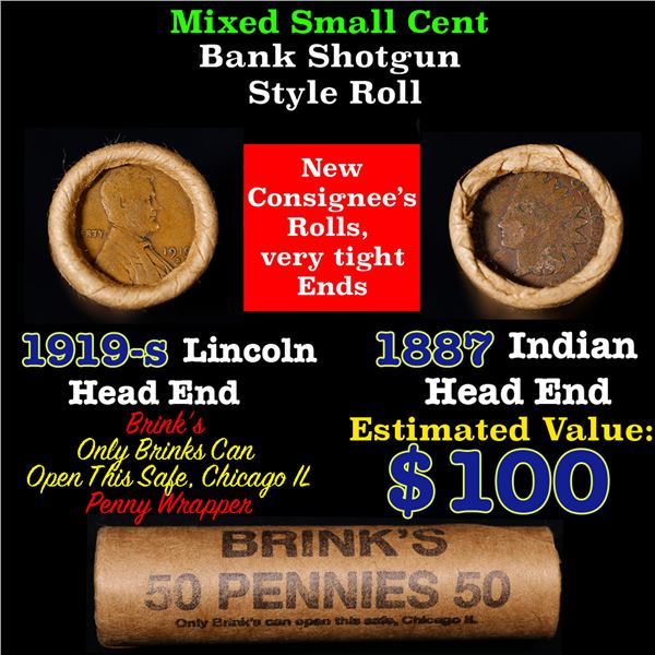 Mixed small cents 1c orig shotgun roll, 1919-s Wheat Cent, 1887 Indian Cent other end, Brinks Wrappe