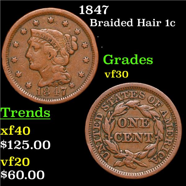1847 Braided Hair Large Cent 1c Grades vf++