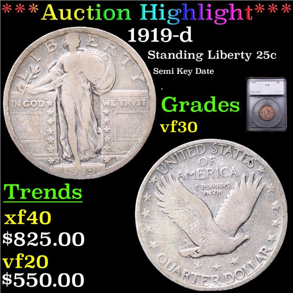 ***Auction Highlight*** 1919-d Standing Liberty Quarter 25c Graded vf30 By SEGS (fc)