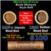 Image 1 : Mixed small cents 1c orig shotgun roll, 1917-s Wheat Cent, 1890 Indian Cent other end, Brinks Wrappe