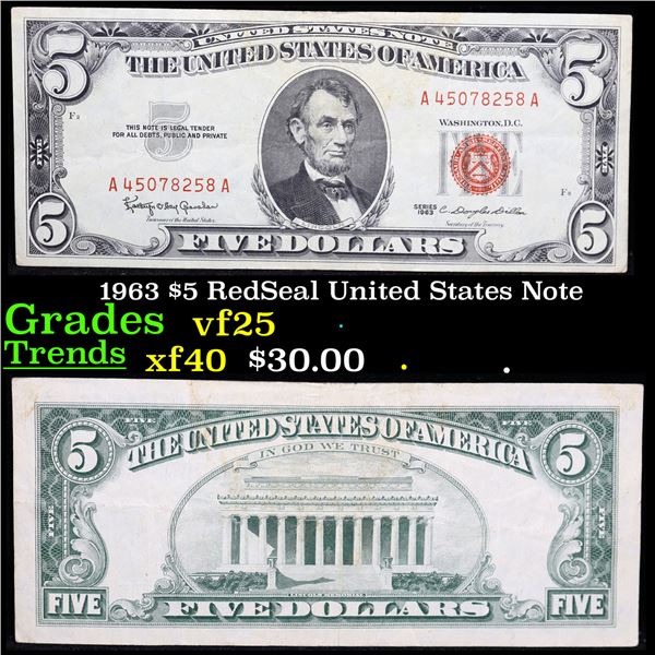 1963 $5 RedSeal United States Note Grades vf+