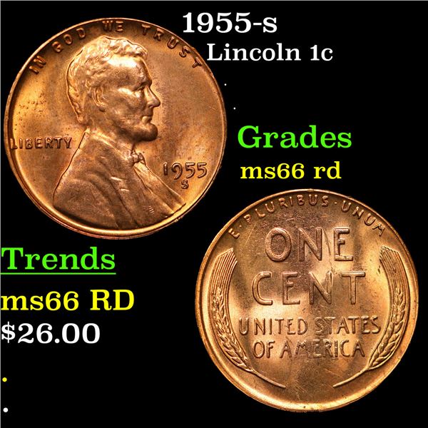 1955-s Lincoln Cent 1c Grades GEM+ Unc RD
