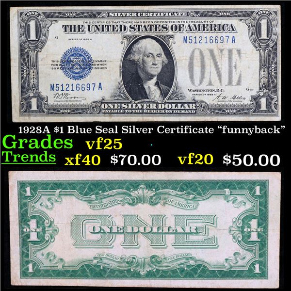 1928A $1 Blue Seal Silver Certificate "funnyback" Grades vf+