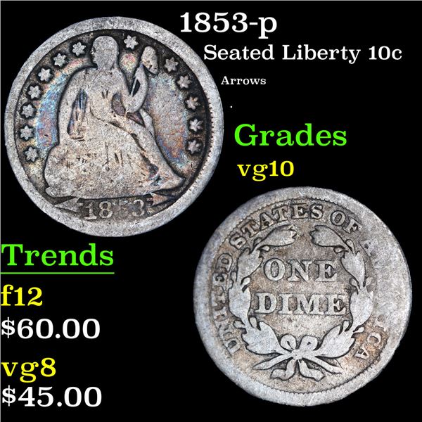 1853-p Seated Liberty Dime 10c Grades vg+
