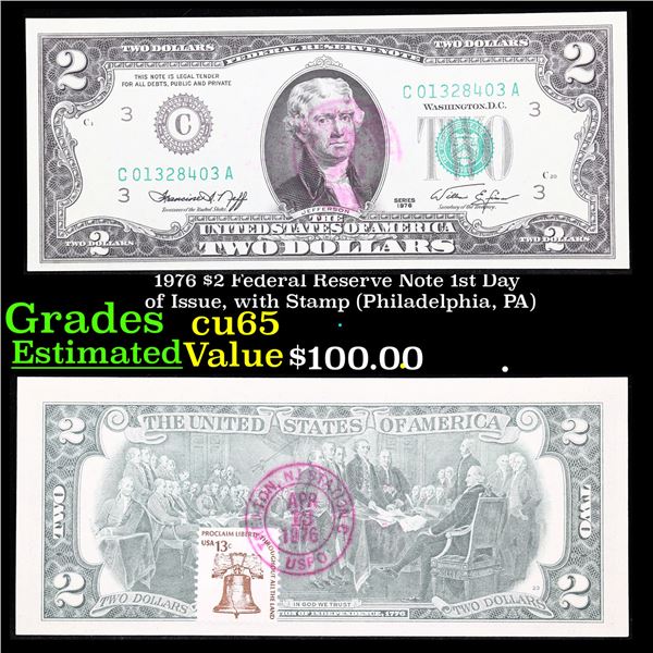 1976 $2 Federal Reserve Note 1st Day of Issue, with Stamp (Philadelphia, PA) Grades Gem CU