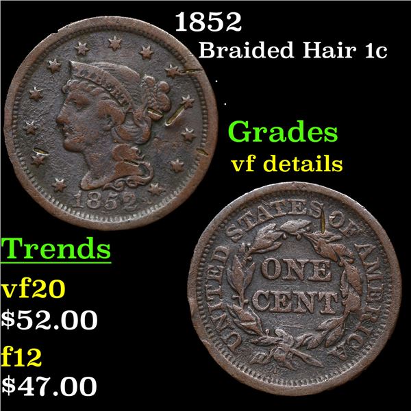 1852 Braided Hair Large Cent 1c Grades vf details