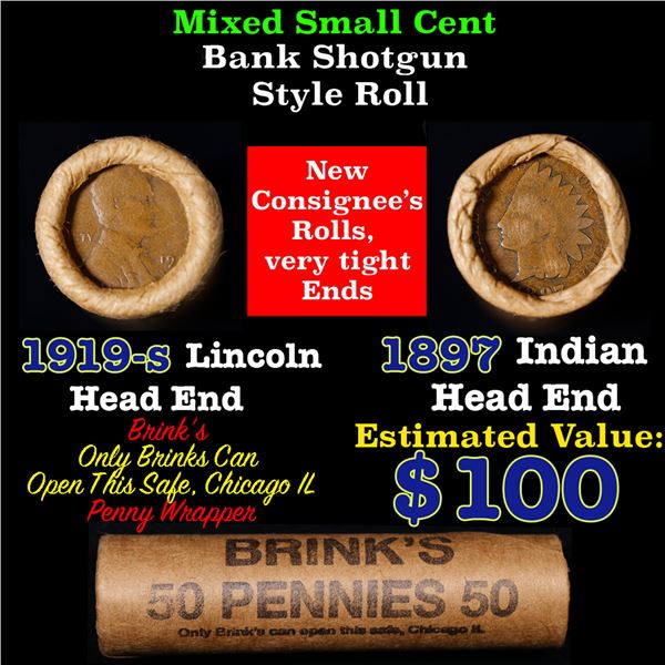 Mixed small cents 1c orig shotgun roll, 1919-s Wheat Cent, 1897 Indian Cent other end, Brinks Wrappe