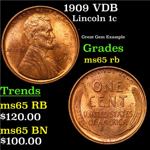 1909 VDB Lincoln Cent 1c Grades GEM Unc RB