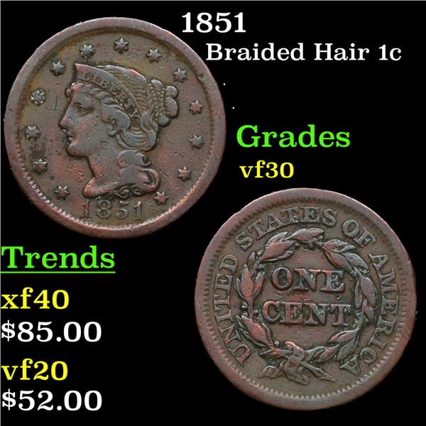 1851 Braided Hair Large Cent 1c Grades vf++