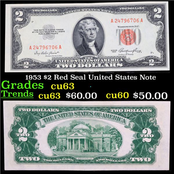 1953 $2 Red Seal United States Note Grades Select CU