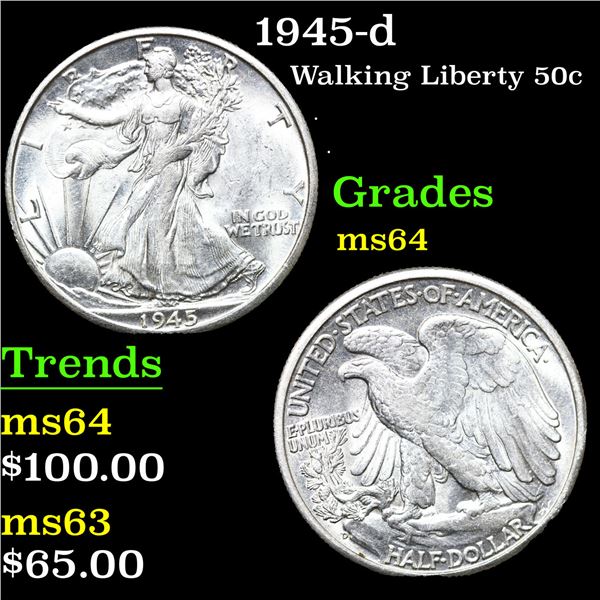 1945-d Walking Liberty Half Dollar 50c Grades Choice Unc
