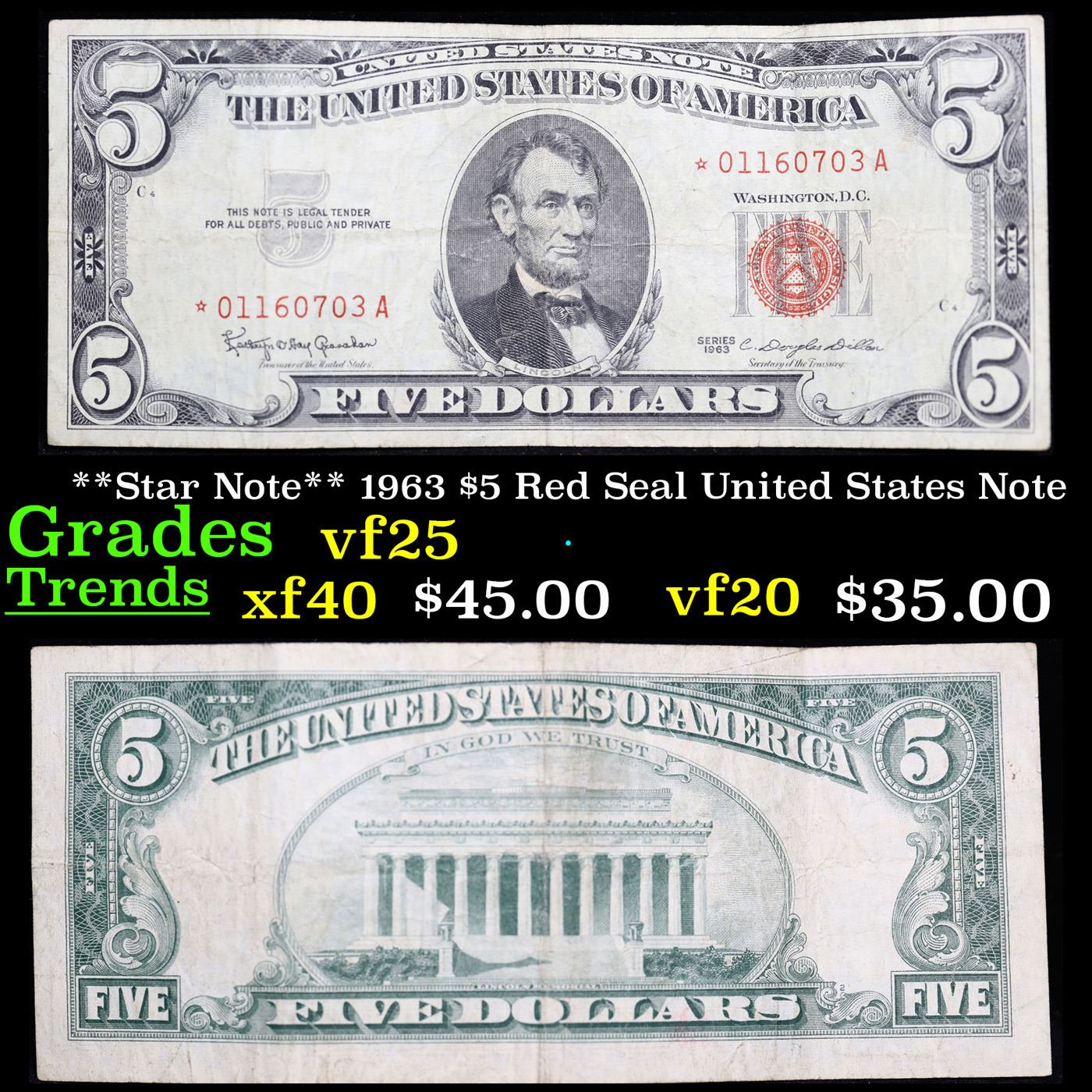 **Star Note** 1963 $5 Red Seal United States Note Grades vf+
