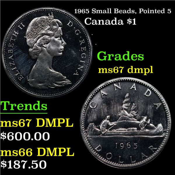 1965 Small Beads, Pointed 5 Canada Dollar $1 Grades GEM++ DMPL