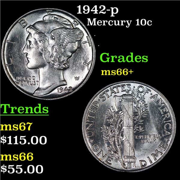 1942-p Mercury Dime 10c Grades GEM++ Unc