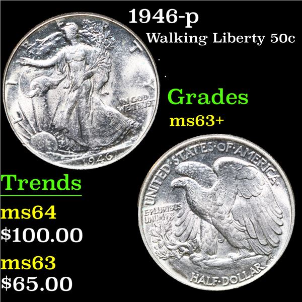 1946-p Walking Liberty Half Dollar 50c Grades Select+ Unc