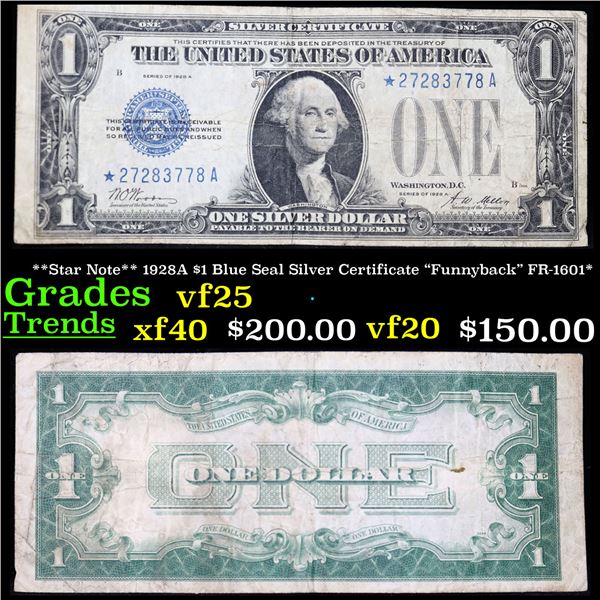 **Star Note** 1928A $1 Blue Seal Silver Certificate "Funnyback" FR-1601* Grades vf+