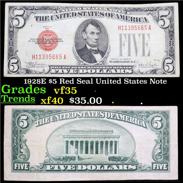 1928E $5 Red Seal United States Note Grades vf++