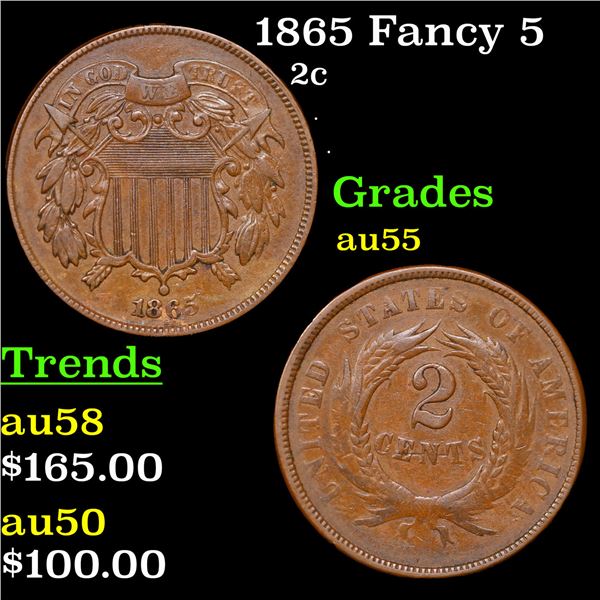 1865 Fancy 5 Two Cent Piece 2c Grades Choice AU