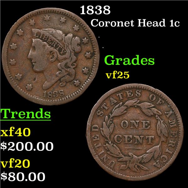 1838 Coronet Head Large Cent 1c Grades vf+