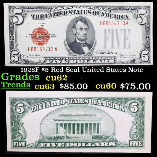 1928F $5 Red Seal United States Note Grades Select 62