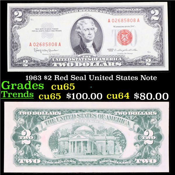 1963 $2 Red Seal United States Note Grades Gem CU
