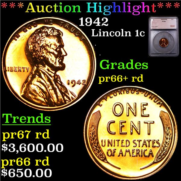 Proof ***Auction Highlight*** 1942 Lincoln Cent 1c Graded pr66+ rd By SEGS (fc)