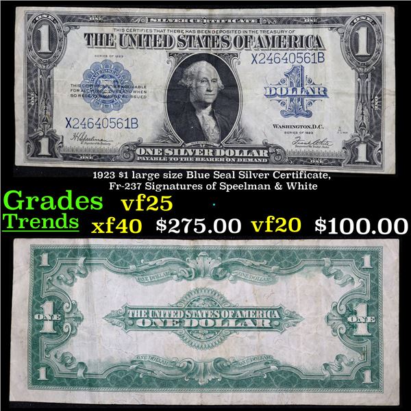 1923 $1 large size Blue Seal Silver Certificate, Fr-237 Signatures of Speelman & White Grades vf+