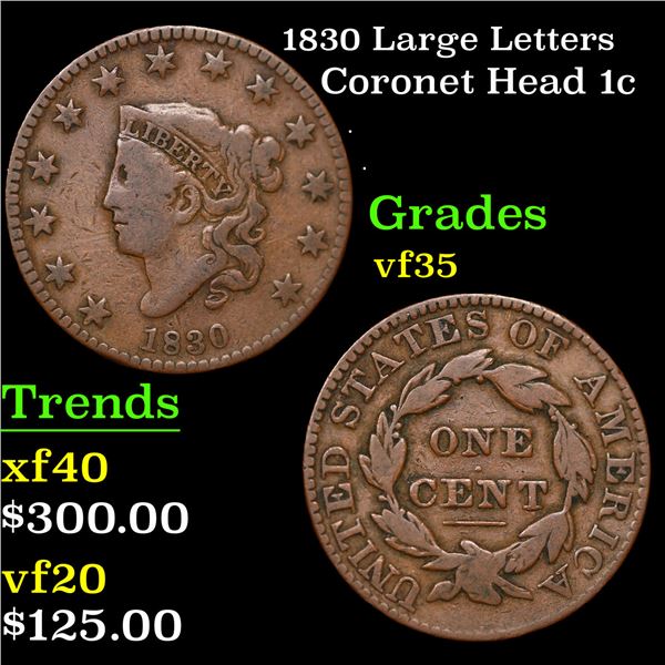 1830 Large Letters Coronet Head Large Cent 1c Grades vf++
