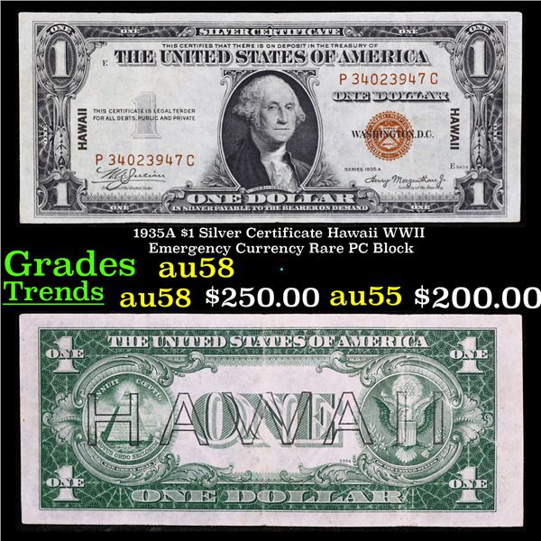 1935A $1 Silver Certificate Hawaii WWII Emergency Currency Rare PC Block Grades Choice AU/BU Slider