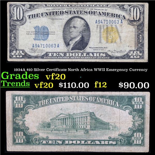 1934A $10 Silver Certificate North Africa WWII Emergency Currency Grades vf, very fine