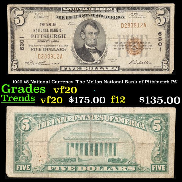 1929 $5 National Currency 'The Mellon National Bank of Pittsburgh PA' Grades vf, very fine