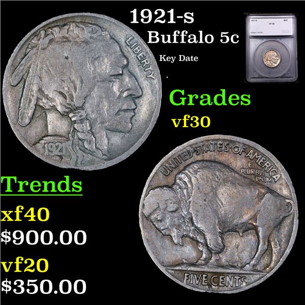 1921-s Buffalo Nickel 5c Graded vf30 BY SEGS
