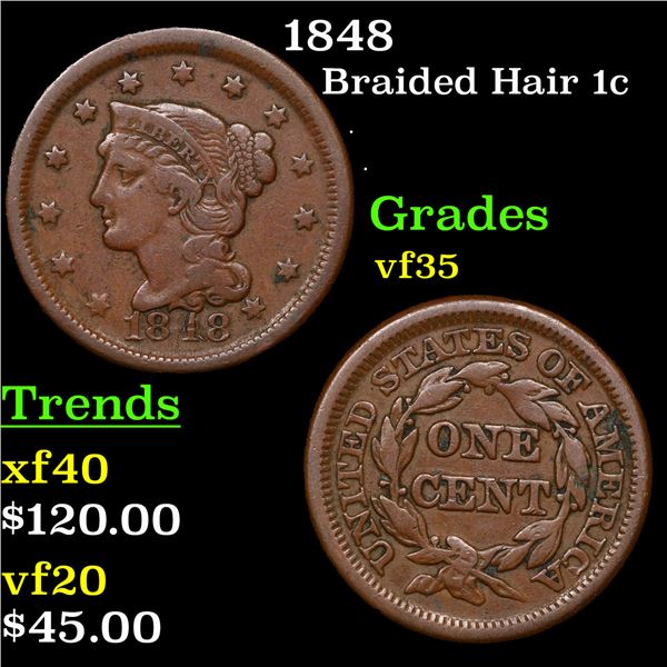 1848 Braided Hair Large Cent 1c Grades vf++