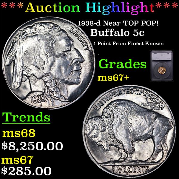 ***Auction Highlight*** 1938-d Buffalo Nickel Near TOP POP! 5c Graded ms67+ BY SEGS (fc)