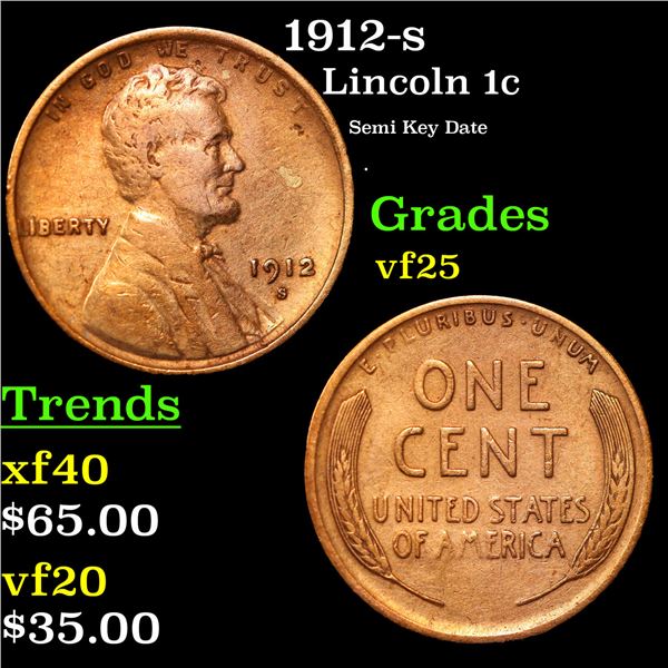 1912-s Lincoln Cent 1c Grades vf+